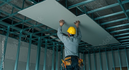 A construction worker hanging drywall on the ceiling, securing the panels into place with screws and ensuring the joints are perfectly aligned and smooth