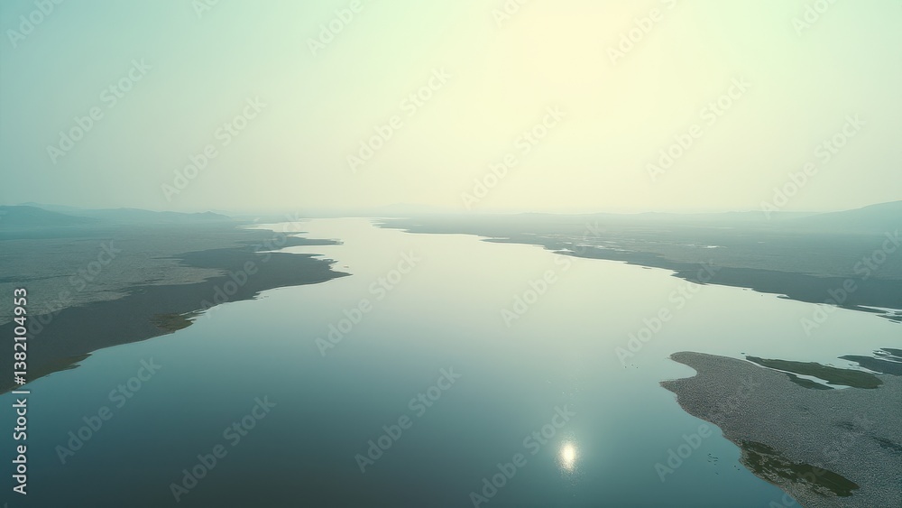 Fototapeta premium Aerial view of winding river delta at sunrise with calm water and soft light 