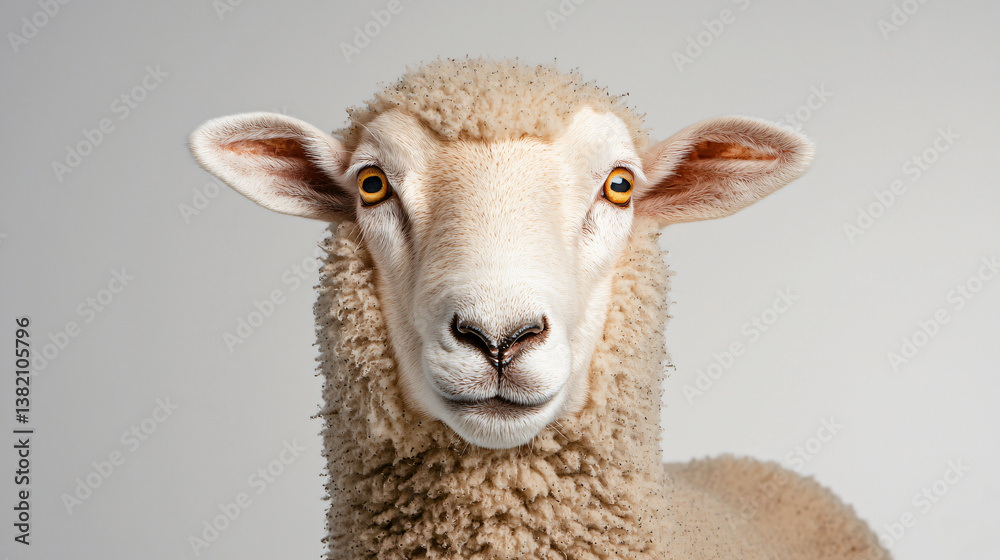 Fototapeta premium Close Up Portrait of a Domesticated Farm Animal Sheep with Cream Colored Fleece and Alert Eyes Staring