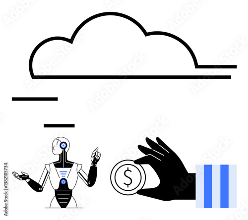 Robot under a cloud pointing confidently, a hand holding coin, horizontal blue-striped sleeve detail. Ideal for AI integration, funding, innovation, cloud services, technology economy, automation