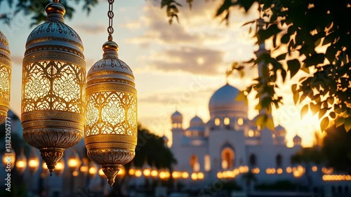 Golden Ramadan Lanterns at Sunset Mosque