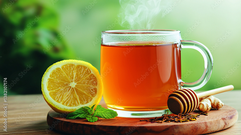 Warm Beverage with Lemon and Honey an Invigorating and Comforting Drink on a Wooden Surface Warm Beverage with Lemon and Honey an Invigorating and Comforting Drink on a Wooden Surface