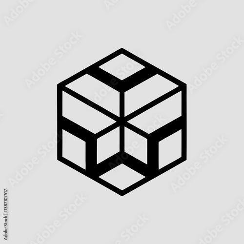 Isometric cube with recessed faces in black and white art