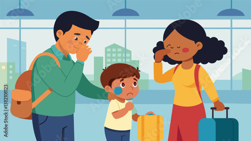 A child wiping away their parents tears as they say goodbye at the airport before a long trip.. Vector illustration