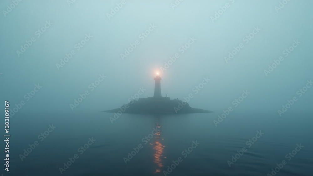 Fototapeta premium Lonely lighthouse on small rocky island surrounded by fog and still water 