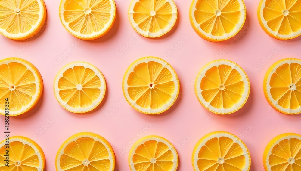A uniform pattern of dried lemon slices casting subtle shadows, arranged neatly on a soft pink background in a flat lay style, perfect for summer A uniform pattern of dried lemon slices casting subtle shadows, arranged neatly on a soft pink background in a flat lay style, perfect for summer
