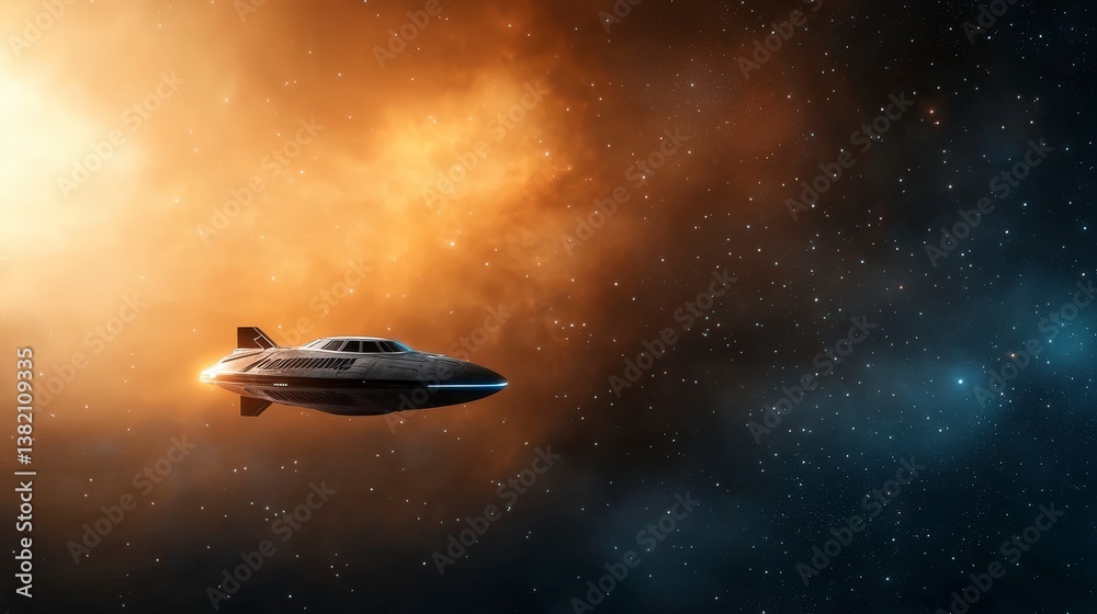 Futuristic Spaceship Gliding Through Cosmic Nebula with Distant Stars and Colorful Gas Clouds in Space Environment Futuristic Spaceship Gliding Through Cosmic Nebula with Distant Stars and Colorful Gas Clouds in Space Environment