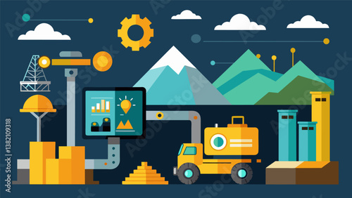 A mining operation using realtime data from its drilling equipment to predict wear on critical parts and prevent costly breakdowns.. Vector illustration