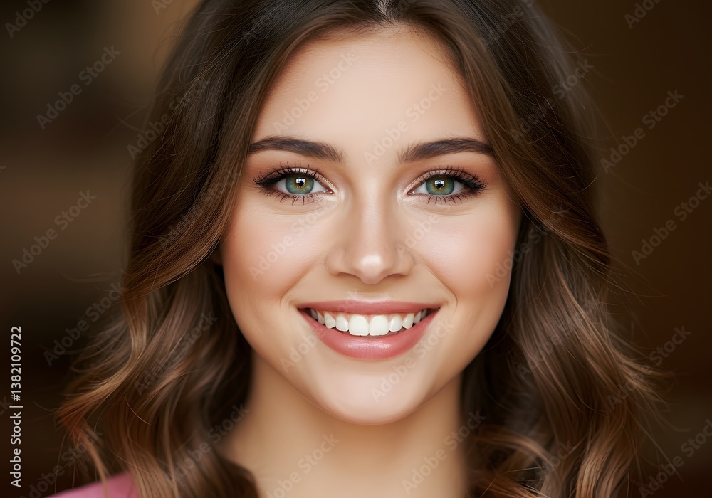 Fototapeta premium Beautiful Smiling Woman with Green Eyes, Healthy Teeth, and Natural Makeup. Portrait of Attractive Female.