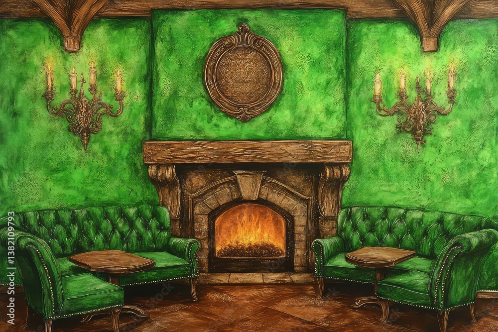 Green room with fireplace and two sofas Green room with fireplace and two sofas