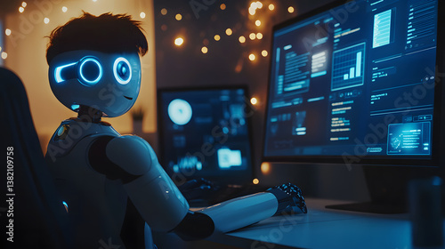 AI powered tutor robot assisting young student at digital desk