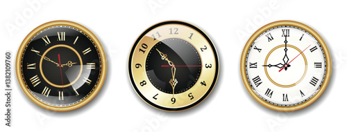 Set of Realistic Vintage Clock golden colored or Ornate Clock Hands Collection isolated.