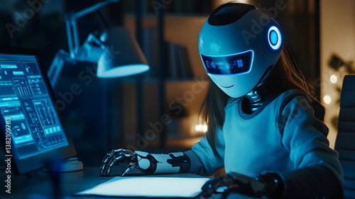 AI powered tutor robot assisting young student at digital desk