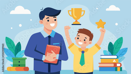 A father proudly shares stories of his childs achievements and growth over the past semester with their teacher beaming with pride.. Vector illustration