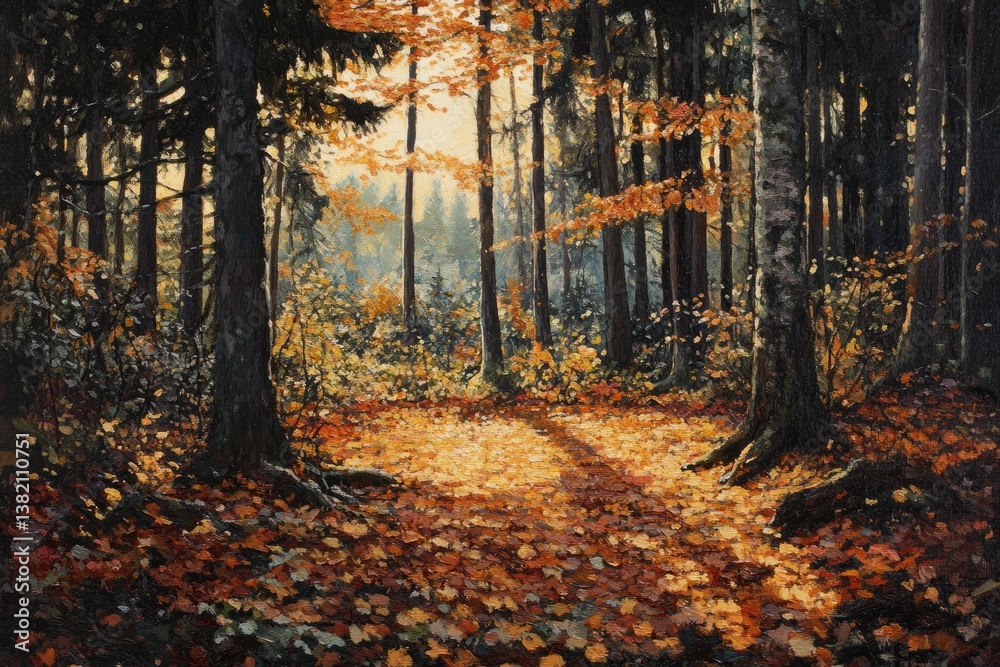 Fototapeta premium Autumn forest path sunlight