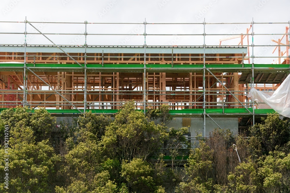 Construction Site with Scaffold Behind Lush Trees - Urban Meets Nature Construction Site with Scaffold Behind Lush Trees - Urban Meets Nature