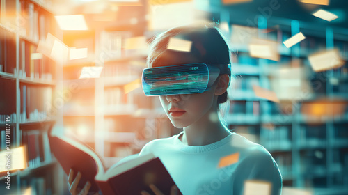 digital library with holographic books and students using VR glasses to read