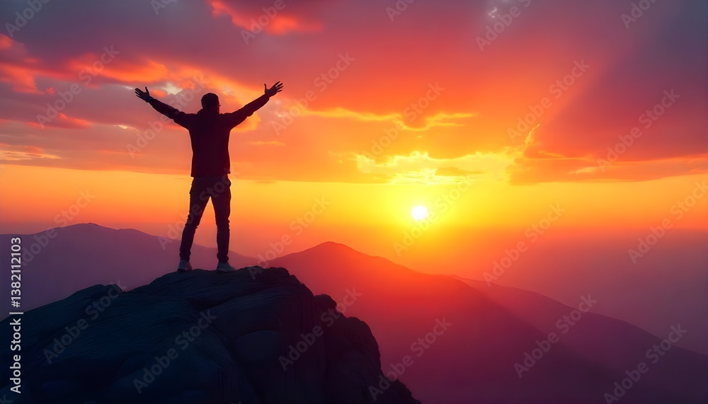 A person standing triumphantly on top of a mountain, silhouetted against the vibrant hues of a sunset, perfect for summer sport vibes A person standing triumphantly on top of a mountain, silhouetted against the vibrant hues of a sunset, perfect for summer sport vibes