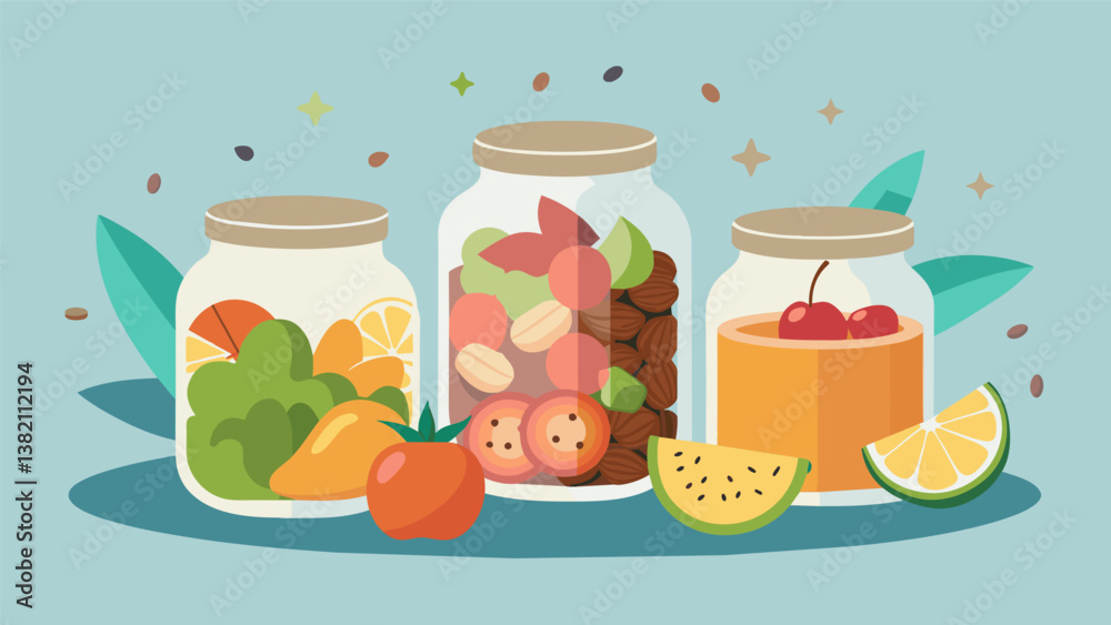 Fototapeta premium A charming DIY trail mix display featuring adorable jars of fruit and nut blends like cherry almond crunch and tropical paradise perfect for any. Vector illustration