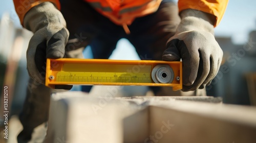 A construction worker using a laser level for alignment at a building site. Featuring accuracy and focus