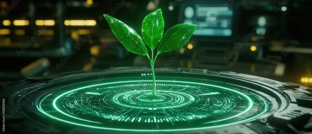 A futuristic plant sprouts from a high-tech platform, illuminated by green light, symbolizing growth and innovation in a digital environment.