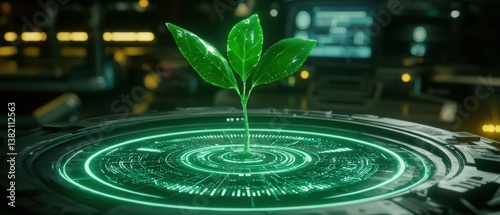 Obraz na płótnie A futuristic plant sprouts from a high-tech platform, illuminated by green light, symbolizing growth and innovation in a digital environment. w salonie