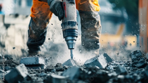 A construction worker using a pneumatic drill to break concrete at a construction site. Featuring power and skill