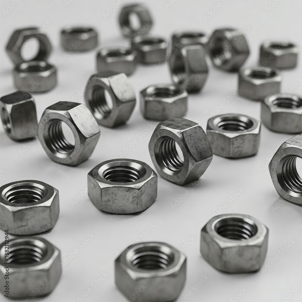 Metal nuts on a white background. Shallow depth of field. Metal nuts on a white background. Shallow depth of field.