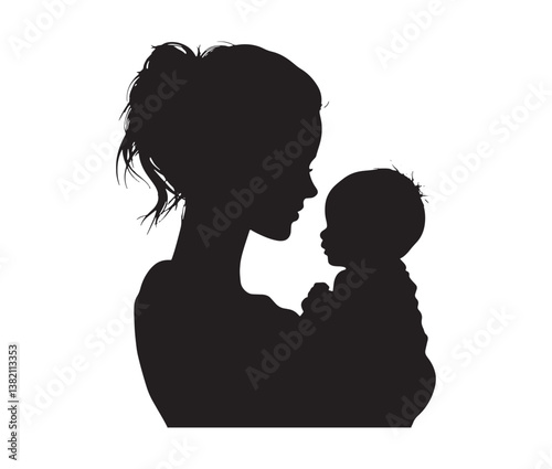 Loving mother holding baby – beautiful silhouette illustration. Silhouette of a mom embracing her baby.