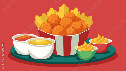 A bowl of crunchy popcorn chicken served with a variety of dipping sauces.. Vector illustration