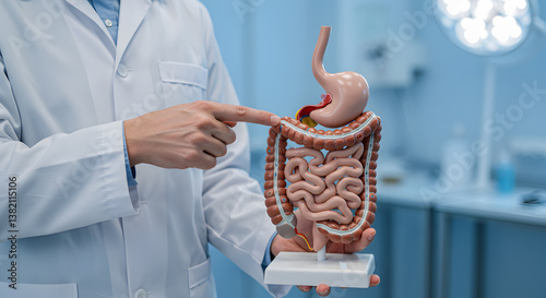 Doctor Explaining Digestive System Anatomy with Model in Clinic Setting.