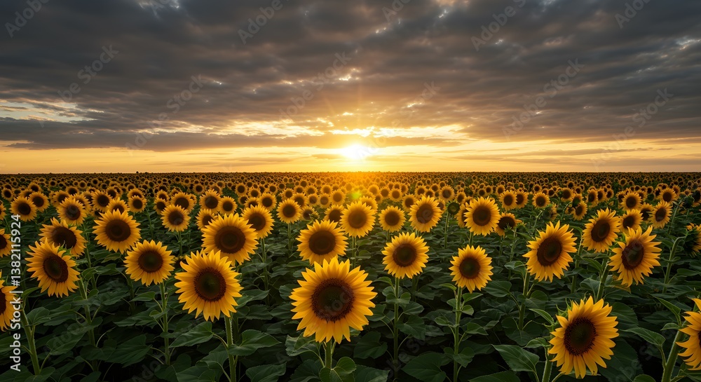 Fototapeta premium Sunflower field at sunrise, golden hour glow, dramatic cloudy sky.