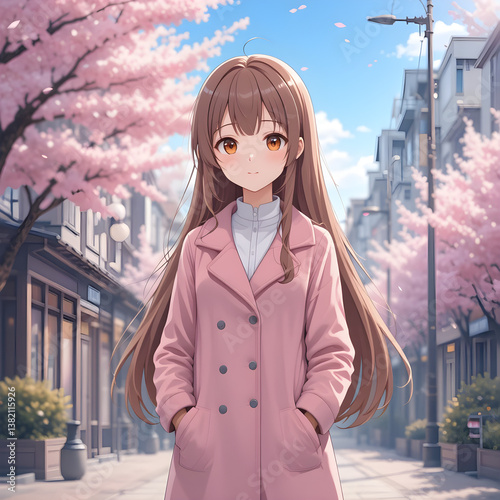 Anime girl in pink coat with cherry blossoms background spring season digital art style illustration