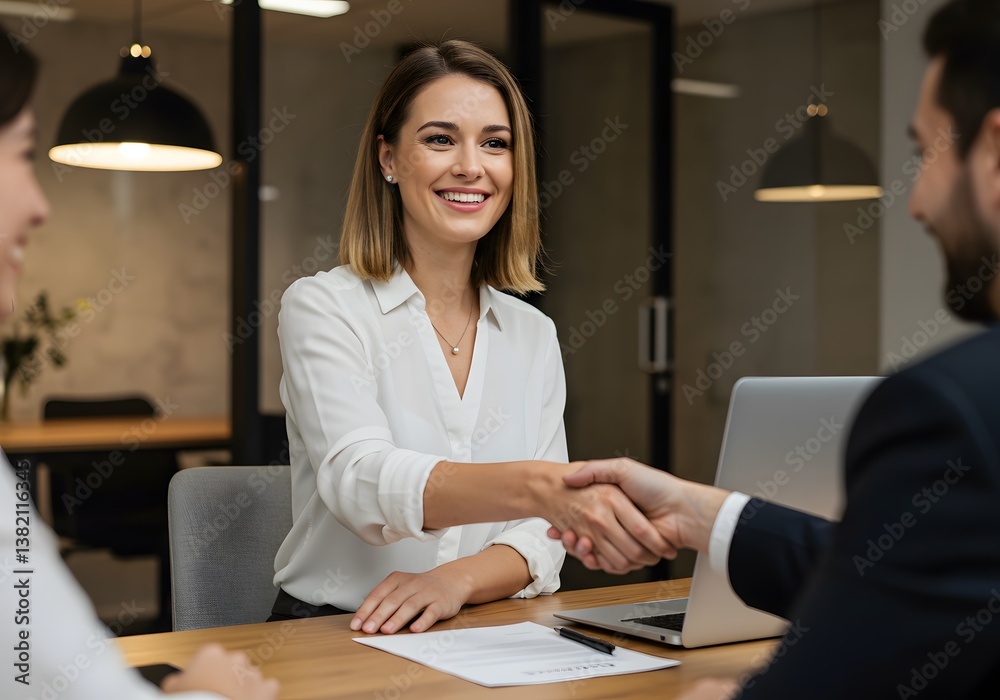 Smiling female hr manager of middle age making successful deal with partner shaking hand of client at work standing at meeting. Happy mature professional business woman handshaking partner in office, Smiling female hr manager of middle age making successful deal with partner shaking hand of client at work standing at meeting. Happy mature professional business woman handshaking partner in office,