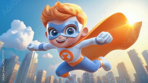 A cheerful superhero boy soars through the city skyline with a bright orange cape and confident smile.