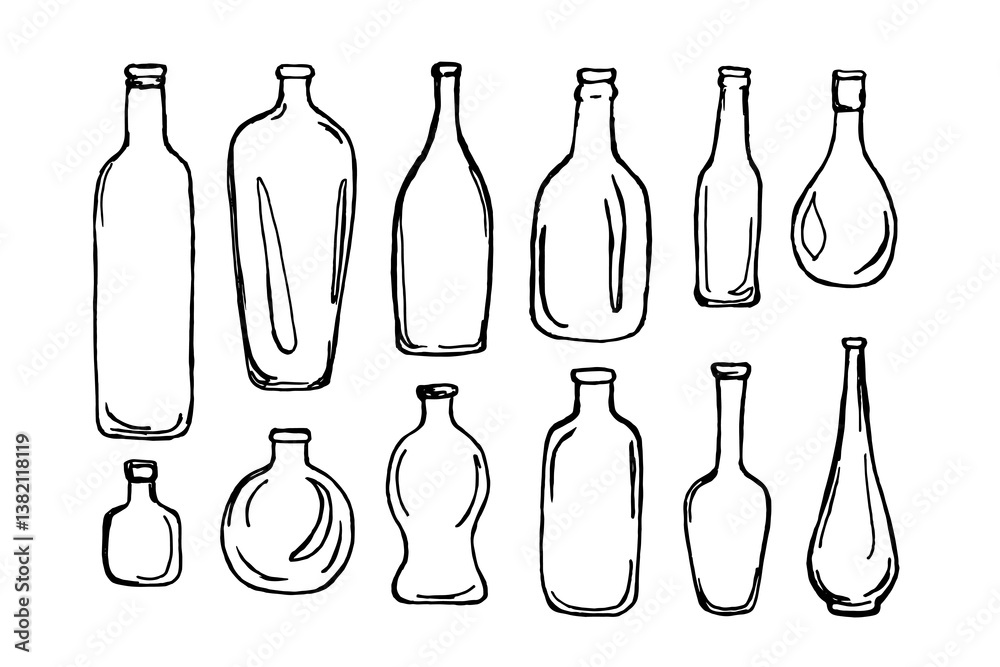 Vector set of black and white sketches of transparent bottles of different shapes and sizes isolated on white background. Vector set of black and white sketches of transparent bottles of different shapes and sizes isolated on white background.