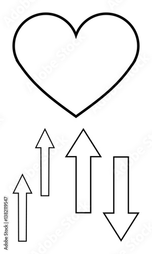 Heart outline above varying arrows pointing up and down, symbolizing emotion, energy, or mood shifts. Ideal for growth, balance, decision-making, love wellness emotions motivation. Flat simple