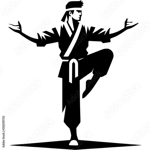 Silhouette of Kung Fu master in graceful crane style stance in monochrome. Engraving minimalistic vector in black ink drawing on transparent background