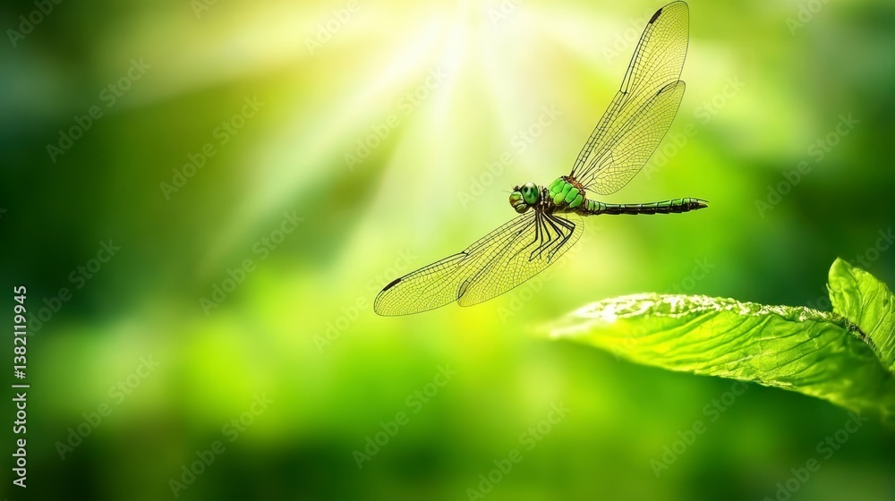 Fototapeta premium Dragonfly in flight lush green nature macro photography bright environment close-up view serenity concept