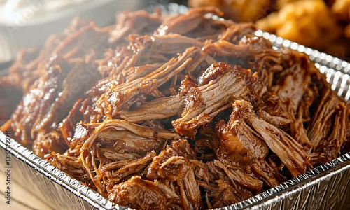 A delicious, glistening pile of savory shredded meat sits in a foil tray, ready to be enjoyed
