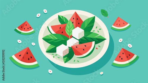 A refreshing salad of watermelon feta and mint served in individual portions.. Vector illustration