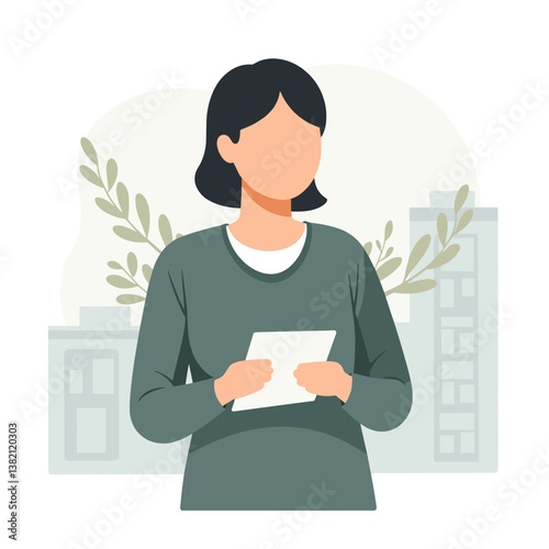 Woman holding a papaer in a green urban background  
