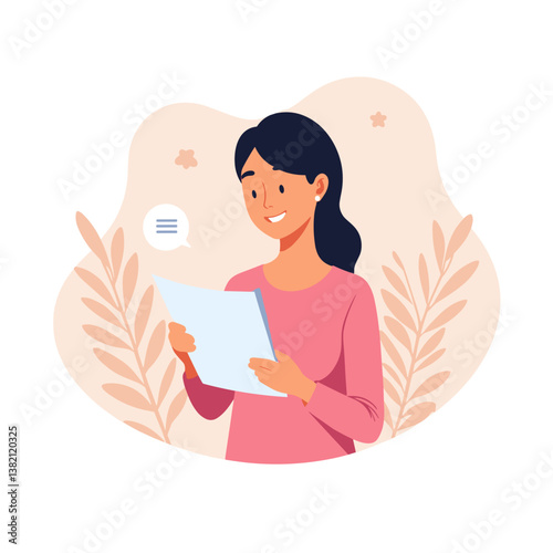 Smiling woman reading a document against a soft background  