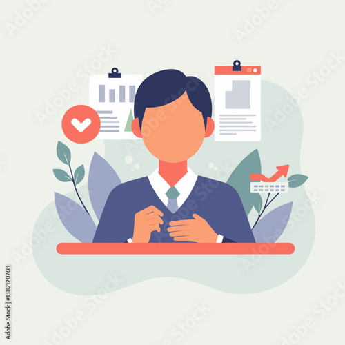 Businessman assessing progress with charts and plants in background  