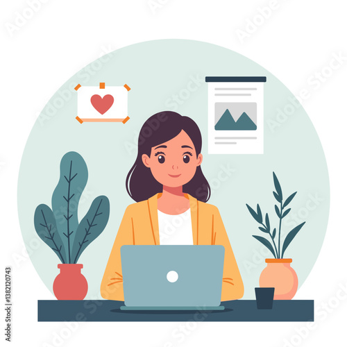 Young woman smiling while working on a laptop at home office  