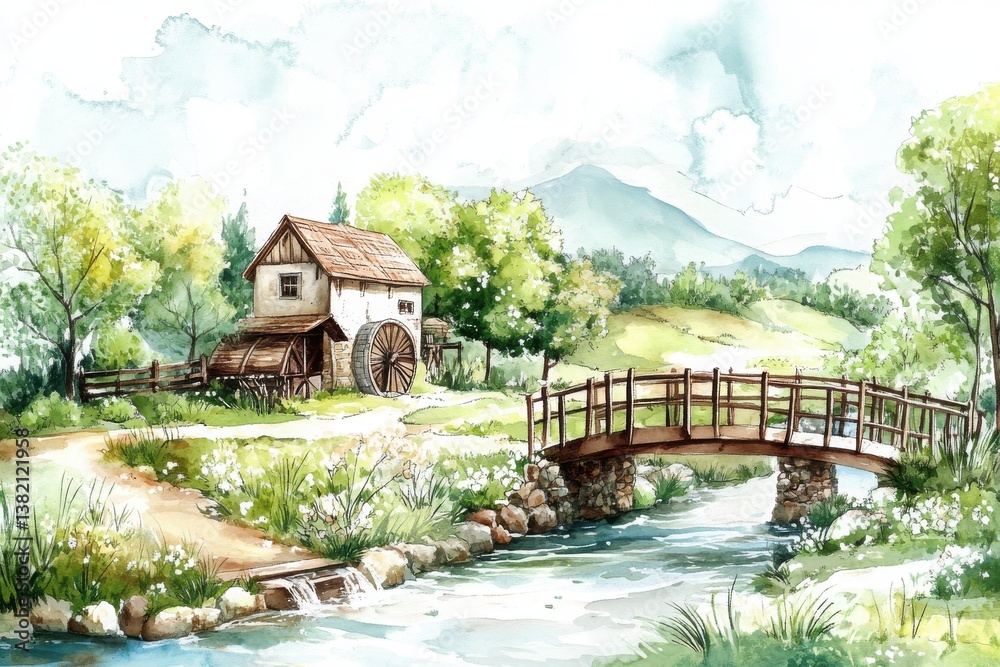 A serene watercolor scene depicting a quaint watermill, a stone bridge, lush greenery, and a flowing stream under a cloudy sky.