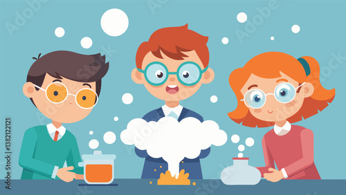 A group of students create mini explosions using a combination of baking soda and vinegar their eyes wide in awe as the mixture foams and bubbles over.. Vector illustration