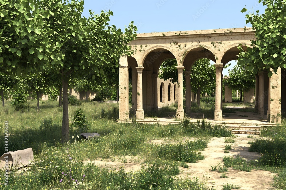 Naklejka premium Ancient stone arches surrounded by lush green trees