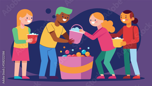 A shot of friends pouring different types of candy into a large shared bowl playfully arguing over which ones are the best while getting ready for the. Vector illustration
