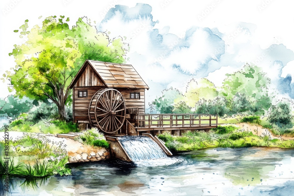 A serene watercolor painting of a rustic watermill surrounded by lush greenery and a flowing river, creating a peaceful natural landscape.